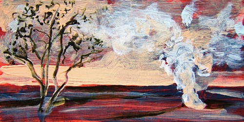 Halema'uma'u Crater and Ohia Tree, 6" x 12", acrylic on paneled paper, 2012, private collection.